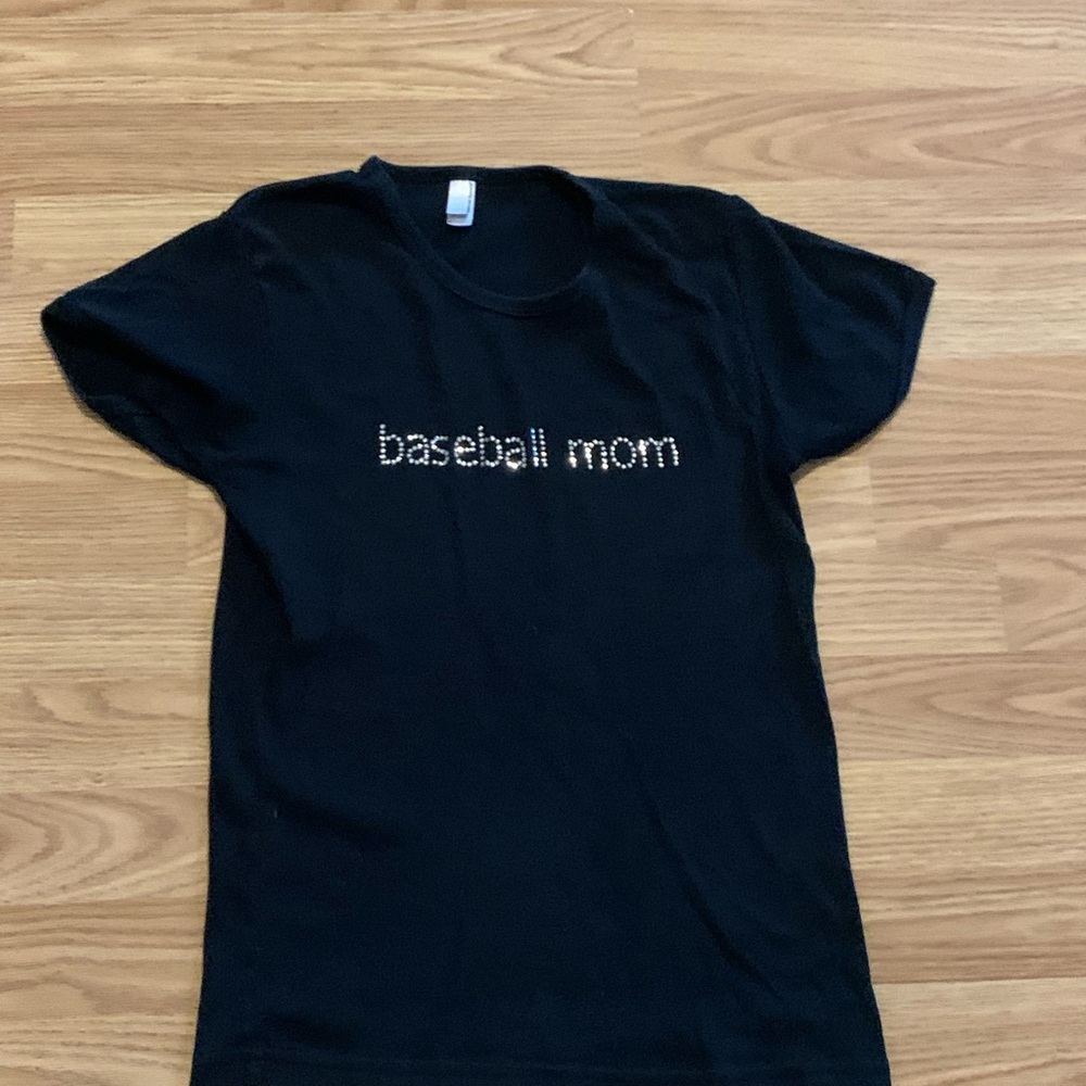 American Apparel Black Tee w/Bling Design “Baseball Mom” - Crew Neck - Ad Large